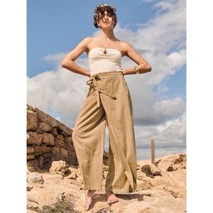 Zara Pareo Wide Leg Cotton Pants Asymmetric Sz.S Baggy Tan Neutral Boho Resort